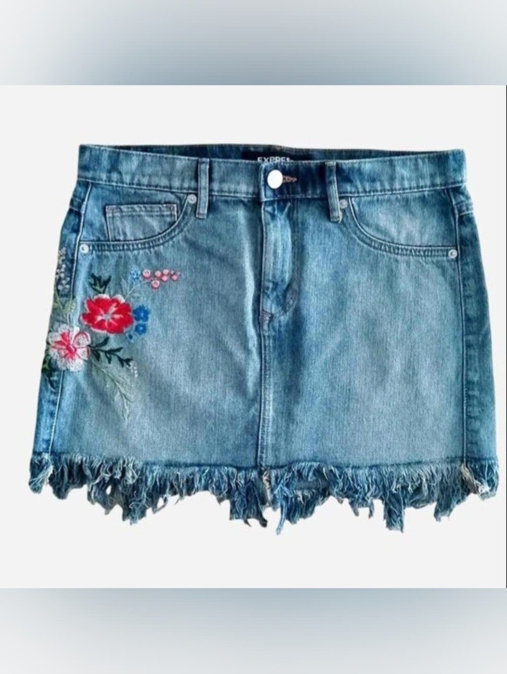 Express Blue Denim Skirt with Floral Embroidery